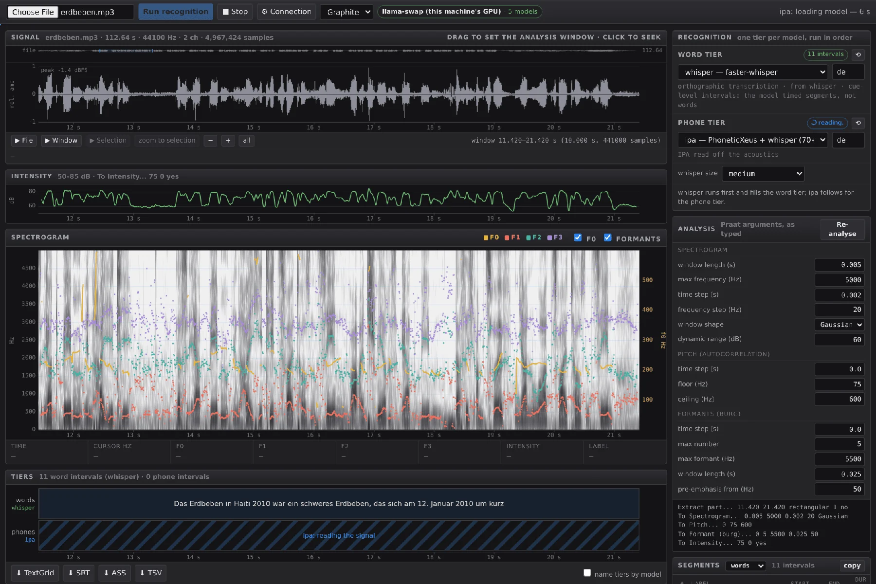 A long recording with the word tier filled and the phone tier still being computed